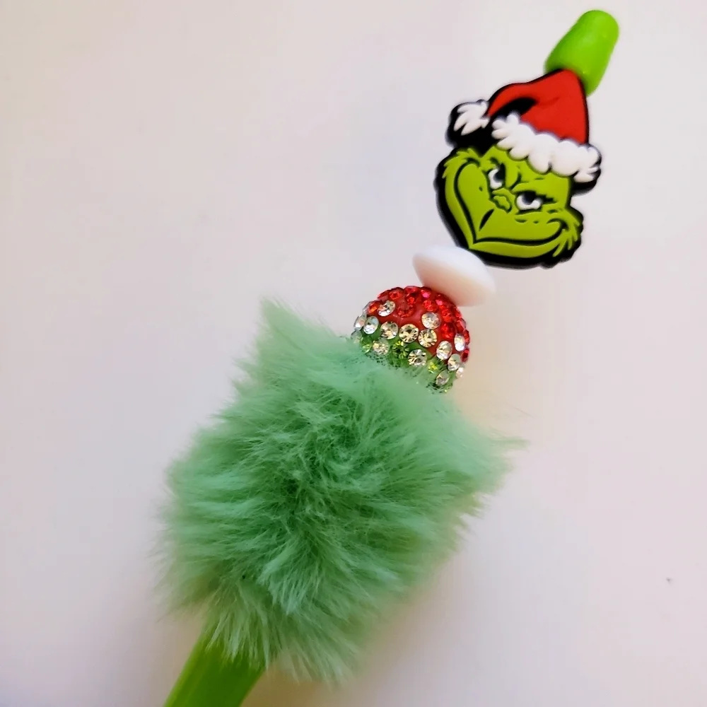 Handmade Fluffy Plush Christmas Holiday Grinch Beaded Silicone Focal Bead Pen